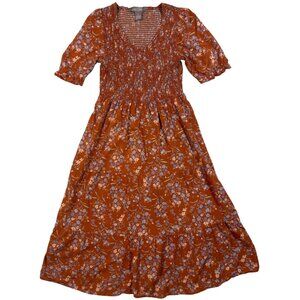 Rust Floral Smocked Midi Dress XL Puff Sleeves By Lark & Gray Coquette Cottage